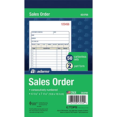 Adams Sales Order Book, 2-Part, Carbonless, White/Canary, 4-3/16 x 7-3/16 Inches, 50 Sets per Book (DC4705)