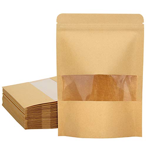 Blisstime 50 Pack Kraft Stand Up Zip Lock Pouch Bags, Resealable Bag with Transparent Window and Tear Notch for Multipurpose Storage (4 X 6 Inches)