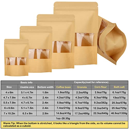 Blisstime 50 Pack Kraft Stand Up Zip Lock Pouch Bags, Resealable Bag with Transparent Window and Tear Notch for Multipurpose Storage (4 X 6 Inches)