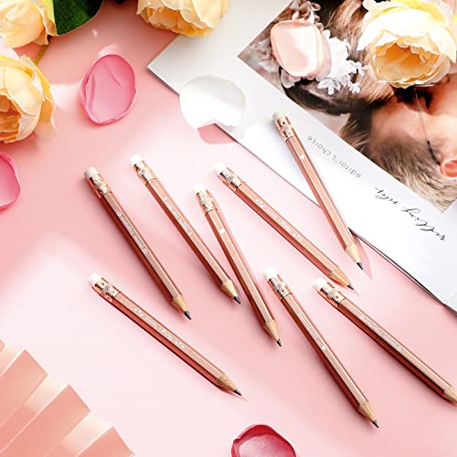 50 Pcs Wedding Pencils for Bridal Shower Half Pencils with Eraser Game Pencils Mini Golf Pencils 4 Inch Short Pocket Pre Sharpened Pencil for Wedding Presents, Classroom, School (Rose Gold)