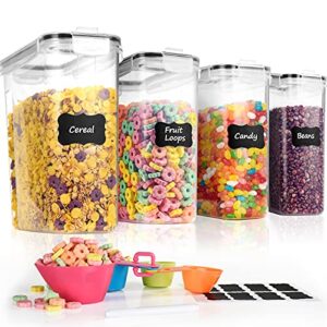 tiawudi 4 pk cereal containers storage set 135.2oz/4l each, airtight food storage containers, large cereal dispenser, kitchen pantry organization containers, with labels and measuring spoons