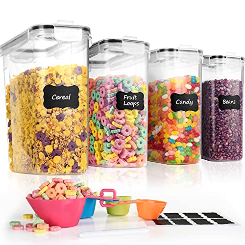 Tiawudi 4 Pk Cereal Containers Storage Set 135.2oz/4L Each, Airtight Food Storage Containers, Large Cereal Dispenser, Kitchen Pantry Organization Containers, with Labels and Measuring Spoons