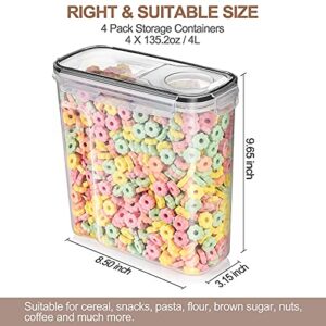 Tiawudi 4 Pk Cereal Containers Storage Set 135.2oz/4L Each, Airtight Food Storage Containers, Large Cereal Dispenser, Kitchen Pantry Organization Containers, with Labels and Measuring Spoons