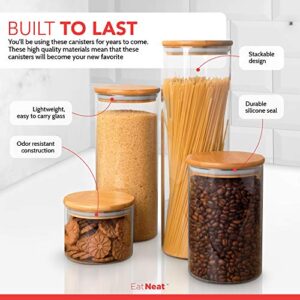 EATNEAT 4-Piece Airtight Glass Kitchen Canisters with Bamboo Lids - Bamboo Glass Storage Containers that Offer Modern Style and Clean Kitchen Organization - Includes 74, 56, 36, and 20 Ounce Sizes