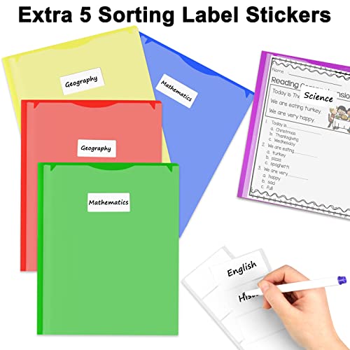 Sooez 5 PCS Colored Folders with Pockets, Customizable Cover Plastic Folders with Pockets, 2 Pocket Plastic Folders with 5 Extra Label Stickers, Durable Plastic Folders for School, Office and Home