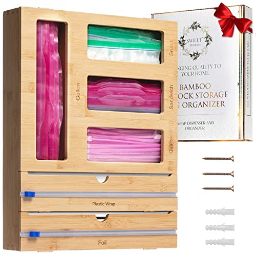 SWILLT - Premium Bamboo Ziplock Bag Organizer for Kitchen Drawer Organizer or Pantry Wall [Exclusive 3 Layer Top Design] -Integrated 2 in 1 Aluminum Foil and Plastic Wrap Dispenser with Cutters- The Perfect Deals/ Holiday Organization Gift