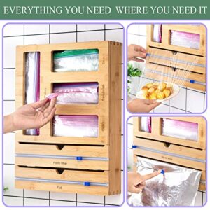 SWILLT - Premium Bamboo Ziplock Bag Organizer for Kitchen Drawer Organizer or Pantry Wall [Exclusive 3 Layer Top Design] -Integrated 2 in 1 Aluminum Foil and Plastic Wrap Dispenser with Cutters- The Perfect Deals/ Holiday Organization Gift