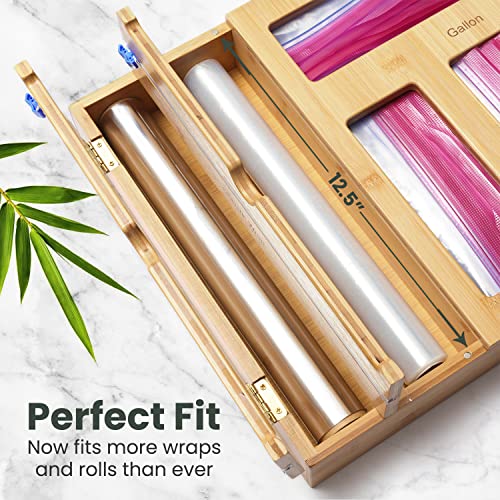 SWILLT - Premium Bamboo Ziplock Bag Organizer for Kitchen Drawer Organizer or Pantry Wall [Exclusive 3 Layer Top Design] -Integrated 2 in 1 Aluminum Foil and Plastic Wrap Dispenser with Cutters- The Perfect Deals/ Holiday Organization Gift