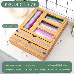 SWILLT - Premium Bamboo Ziplock Bag Organizer for Kitchen Drawer Organizer or Pantry Wall [Exclusive 3 Layer Top Design] -Integrated 2 in 1 Aluminum Foil and Plastic Wrap Dispenser with Cutters- The Perfect Deals/ Holiday Organization Gift