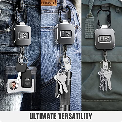 ELV Retractable ID Badge Holder, Retractable Keychain Badge Reel, Heavy Duty Metal Body, Strong Dyneema Cord, Carabiner and Key Chain, 30 inch Wire Extension, Hold Up to 15 Keys and Tools [1 Pack]