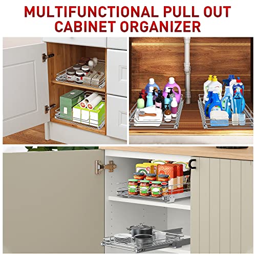 Tksrn Pull Out Cabinet Organizer, Heavy Duty Slide Out Pantry Shelves Sliding Drawer Storage for Kitchen, Bathroom, Home, 12.4" W x 16.5" D, Wire Frame, Chrome Finish