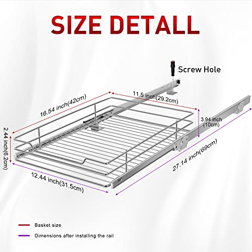 Tksrn Pull Out Cabinet Organizer, Heavy Duty Slide Out Pantry Shelves Sliding Drawer Storage for Kitchen, Bathroom, Home, 12.4" W x 16.5" D, Wire Frame, Chrome Finish