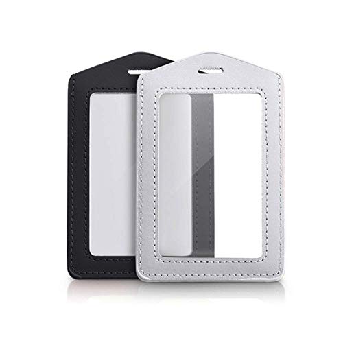 Teensery 2 Pcs Vertical Leather ID Badge Holder Waterproof Clear Card Holder for School ID Office ID, Black and Silver Gray(Only Holder)