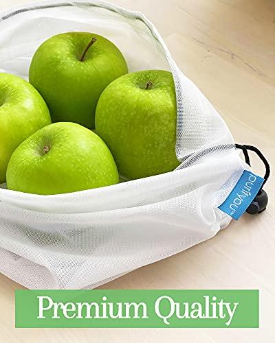 purifyou Reusable Produce Bags | Washable Mesh Set of 9 Grocery with Drawstring, Large Foldable Washable Shopping Bags for Fridge Storage, Freshness, Fruits, Vegetables, Toys, Groceries, Kitchen, Home, Farmers Market, Gift Bags and Travel