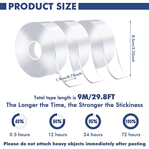 3 Rolls Double Sided Tape Heavy Duty(29.8FT, 0.75 in Wide),Nano-Acrylic Material,Washed and Reusable,Self-Adhesive,Environmental Protection,Transparent Wall Tape for TV,Home,Office,Car,Kitchen Holder