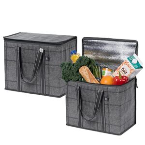 veno 2 pack large insulated reusable grocery bag w/ cardboard bottom, food delivery, heavy duty, collapsible (blk windowpane)