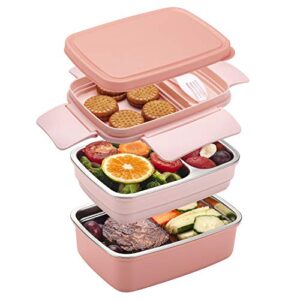 freshmage stainless steel bento box for adults & kids, leakproof stackable large capacity dishwasher safe lunch container with divided compartments, pink