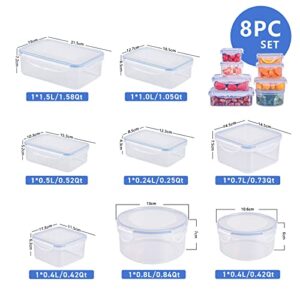 Food Storage Containers 8 PCS, Reusable Plastic Food Containers With Lids Airtight, BPA Free & 100% Leak-Proof, Microwave & Freezer and Dishwasher Safe, 8.2-50.75Oz