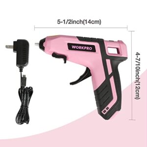 WORKPRO Cordless Hot Melt Glue Gun, Rechargeable Fast Preheating Mini Glue Gun Kit with 20 Pc Premium Glue Stick, Automatic-Power-Off Glue Gun for Art, Crafts, Decorations, Fast Repairs, Pink Ribbon