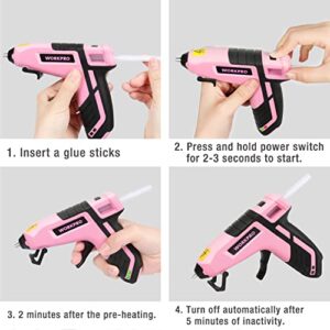 WORKPRO Cordless Hot Melt Glue Gun, Rechargeable Fast Preheating Mini Glue Gun Kit with 20 Pc Premium Glue Stick, Automatic-Power-Off Glue Gun for Art, Crafts, Decorations, Fast Repairs, Pink Ribbon