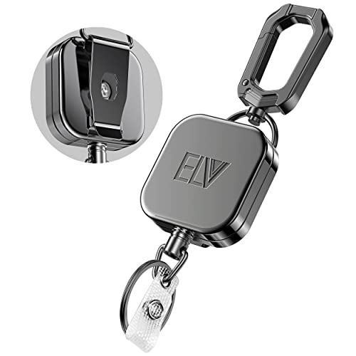 ELV Retractable ID Badge Holder, Heavy Duty Metal Body and Upgraded Dyneema Cord, Carabiner Key Chain Metal Keychain with Belt Clip and 31 inch Wire Extension, Hold Up to 15 Keys and Tools