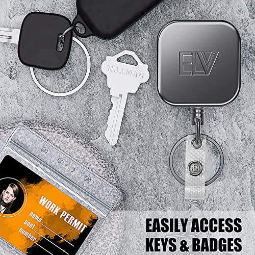 ELV Retractable ID Badge Holder, Heavy Duty Metal Body and Upgraded Dyneema Cord, Carabiner Key Chain Metal Keychain with Belt Clip and 31 inch Wire Extension, Hold Up to 15 Keys and Tools