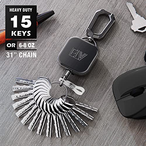 ELV Retractable ID Badge Holder, Heavy Duty Metal Body and Upgraded Dyneema Cord, Carabiner Key Chain Metal Keychain with Belt Clip and 31 inch Wire Extension, Hold Up to 15 Keys and Tools