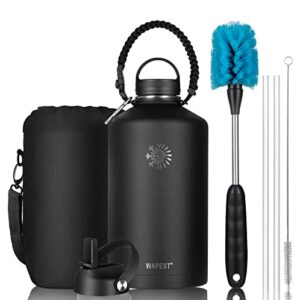 water bottle 64 oz with paracord handle & cleaning brush, half gallon double wall vacuum metal stainless steel insulated water flask jug with 2 lids and carrying pouch, leakproof and bpa-free, black