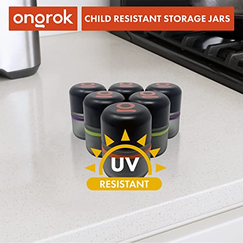 ONGROK Glass Storage Jar, 80ml, 6 Pack, Color-Coded Airtight Glass Containers, UV Herb/Spice Jar to with Child Resistant Lid, Perfect Size Jar to Store in a Drawer or Cupboard