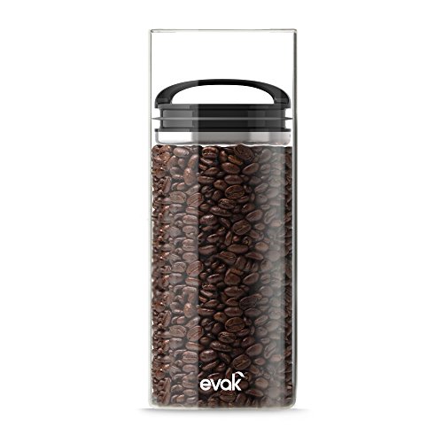 Best PREMIUM Airtight Storage Container for Coffee Beans, Tea and Dry Goods - EVAK - Innovation that Works by Prepara, Glass and Stainless, Compact Black Gloss Handle, Large -