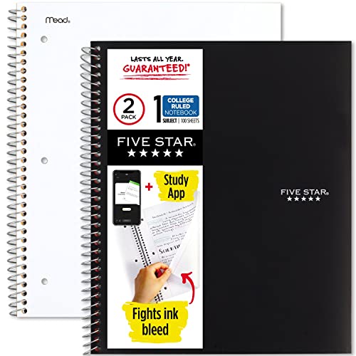 Five Star Spiral Notebooks + Study App, 2 Pack, 1 Subject, College Ruled Paper, 11" x 8-1/2", 100 Sheets, Black, White (38454)