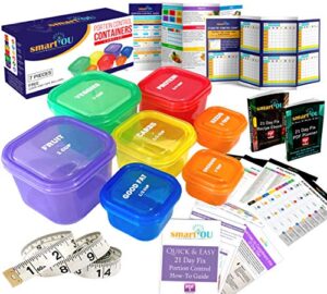 21 day portion control containers kit – nutrition diet, multi-color coded weight loss system. complete guide + pdf planner + recipe ebook and tape measure – bpa free – 7 pc labeled