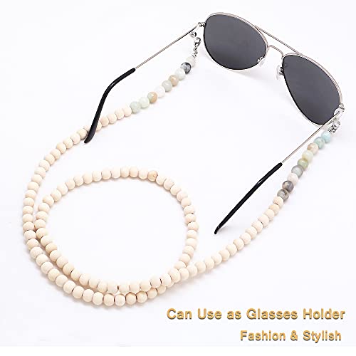 C&L Accessories Lanyards for ID Badges, Beaded Wooden Natural Stone Lanyard for Keys Eyeglass Holder Lanyard for Eyeglasses Chains for Women (Amazonite Stone)