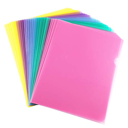 Sooez 25 Pack Clear Document Folder Project Pockets, Clear Plastic Folders Letter Size Plastic Document Folders US Paper Poly Jacket Sleeves Folders Copy Safe, 5 Assorted Colors