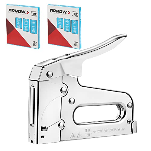 Arrow T50 Heavy Duty Staple Gun Kit, All Chrome Steel Stapler, with 3750 Pieces T50 1/4", 3/8", 1/2" Staples, for Upholstery Professional Projects