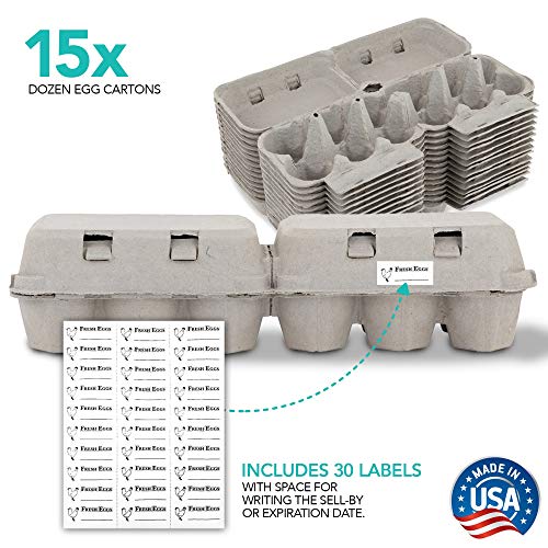 Stock Your Home Split Apart Egg Cartons (15 Pack) - One Dozen Egg Cartons - Splits in Half Dozen Egg Cartons - Holds 180 Total Eggs - Eco-Friendly Egg Containers - 30 Labels for Writing Sell by Date