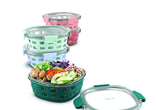 Ello Duraglass Round Glass Meal Prep Storage Containers Set with Leak Proof Airtight Lids, 10 Pc 3.4 Cup/ 800ml, Melon