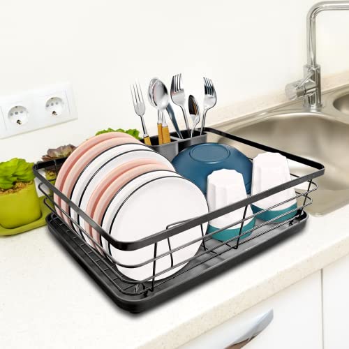 Ecomerr Dish Drying Rack for Kitchen Counter and Tabletop-Rust Proof Stainless Steel Dish Drainer with Drying Board and Removable Utensil Holder-Black Dish Rack with Drainboard 15.5”x11.4”x5.3”