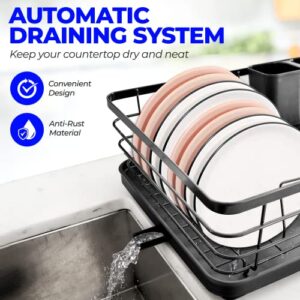 Ecomerr Dish Drying Rack for Kitchen Counter and Tabletop-Rust Proof Stainless Steel Dish Drainer with Drying Board and Removable Utensil Holder-Black Dish Rack with Drainboard 15.5”x11.4”x5.3”