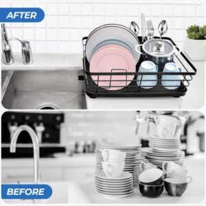 Ecomerr Dish Drying Rack for Kitchen Counter and Tabletop-Rust Proof Stainless Steel Dish Drainer with Drying Board and Removable Utensil Holder-Black Dish Rack with Drainboard 15.5”x11.4”x5.3”