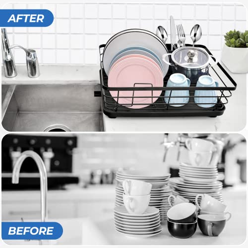 Ecomerr Dish Drying Rack for Kitchen Counter and Tabletop-Rust Proof Stainless Steel Dish Drainer with Drying Board and Removable Utensil Holder-Black Dish Rack with Drainboard 15.5”x11.4”x5.3”