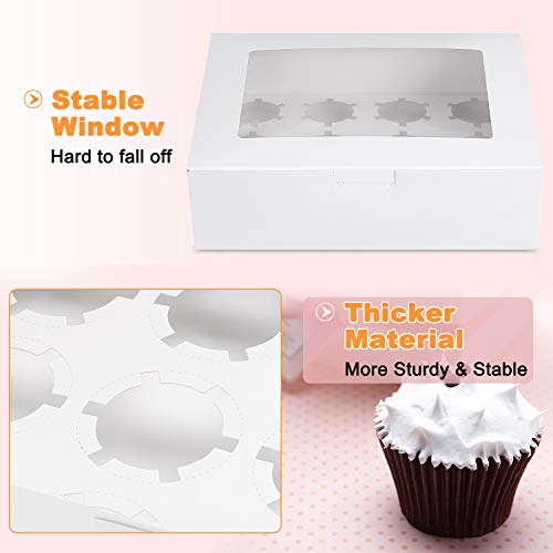 [15-Packs] White Cupcake Boxes 12 Holders Standard Cupcakes, Cupcake Containers Carrie Holders for Cookies, Muffins and Pastries13.8 x 9.5 x 4inch with Inserts and PVC Windows