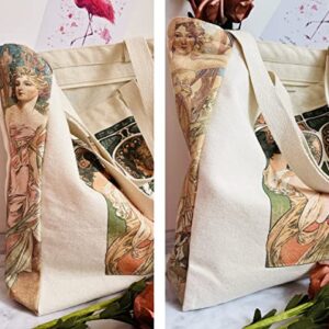 HaoHakka Canvas Tote Bag Aesthetic Vintage, Cute Graphic Trendy Tote Bags with Zipper Pockets Valentines Christmas Gifts for Women Girls Her(Alphonse Maria Mucha)