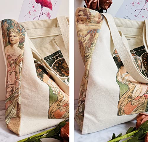 HaoHakka Canvas Tote Bag Aesthetic Vintage, Cute Graphic Trendy Tote Bags with Zipper Pockets Valentines Christmas Gifts for Women Girls Her(Alphonse Maria Mucha)