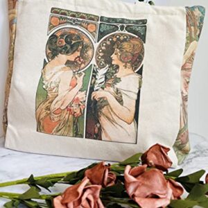 HaoHakka Canvas Tote Bag Aesthetic Vintage, Cute Graphic Trendy Tote Bags with Zipper Pockets Valentines Christmas Gifts for Women Girls Her(Alphonse Maria Mucha)