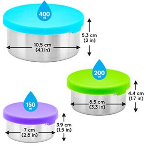 WeeSprout 18/8 Stainless Steel Food Storage Containers - Set of 3 Metal Food Storage Containers (150 ml, 200 ml, 400 ml), Leakproof Silicone Lids, Easy to Open, Durable, for Snacks, Lunches, Sauces