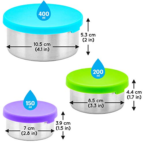 WeeSprout 18/8 Stainless Steel Food Storage Containers - Set of 3 Metal Food Storage Containers (150 ml, 200 ml, 400 ml), Leakproof Silicone Lids, Easy to Open, Durable, for Snacks, Lunches, Sauces