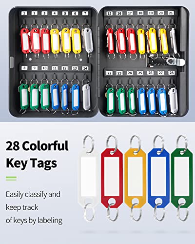 Uniclife 28-Key Steel Key Cabinet with Combination Lock Wall Mounted Key Organizer with Resettable Code Black Digital Security Box with Hooks and Large Key Tag Labels Identifiers in 5 Assorted Colors