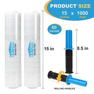 【2 Pack】KATORN Stretch Wrap Film with Rolling Handles, 15 Inch x 1000 Feet Shrink Wrap Roll for Pallet Wrap, Industrial Strength Plastic Wrap, Moving Supplies for Packing, 60 Gauge, Clear