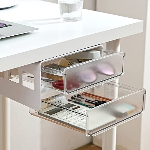 submatches Under Desk Drawer Organizer Slide Out, Hidden Self- adhesive Under Desk Storage Drawer with 2 Layers, Add a Drawer Under Table Storage Pencil Drawer for Office/Classroom/Home, White